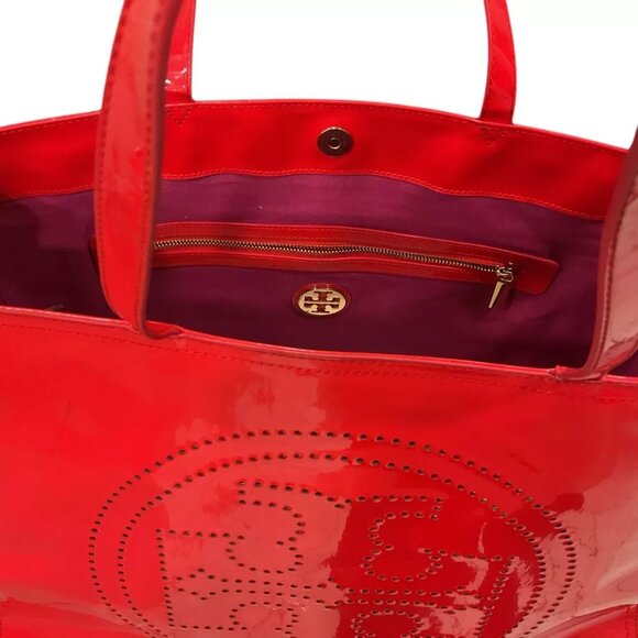 Tory Burch Ella Red Patent Leather Canvas Monogram Large Bag Tote Gold MINT - Picture 4 of 13